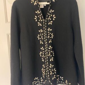 Coldwater Creek Black Cardigan with Cream Embroidery